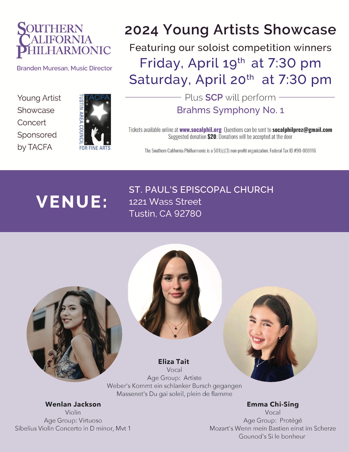 Promotional poster for a classical music concert featuring soloist performances, hosted by the southern california philharmonic on april 19th and 20th.