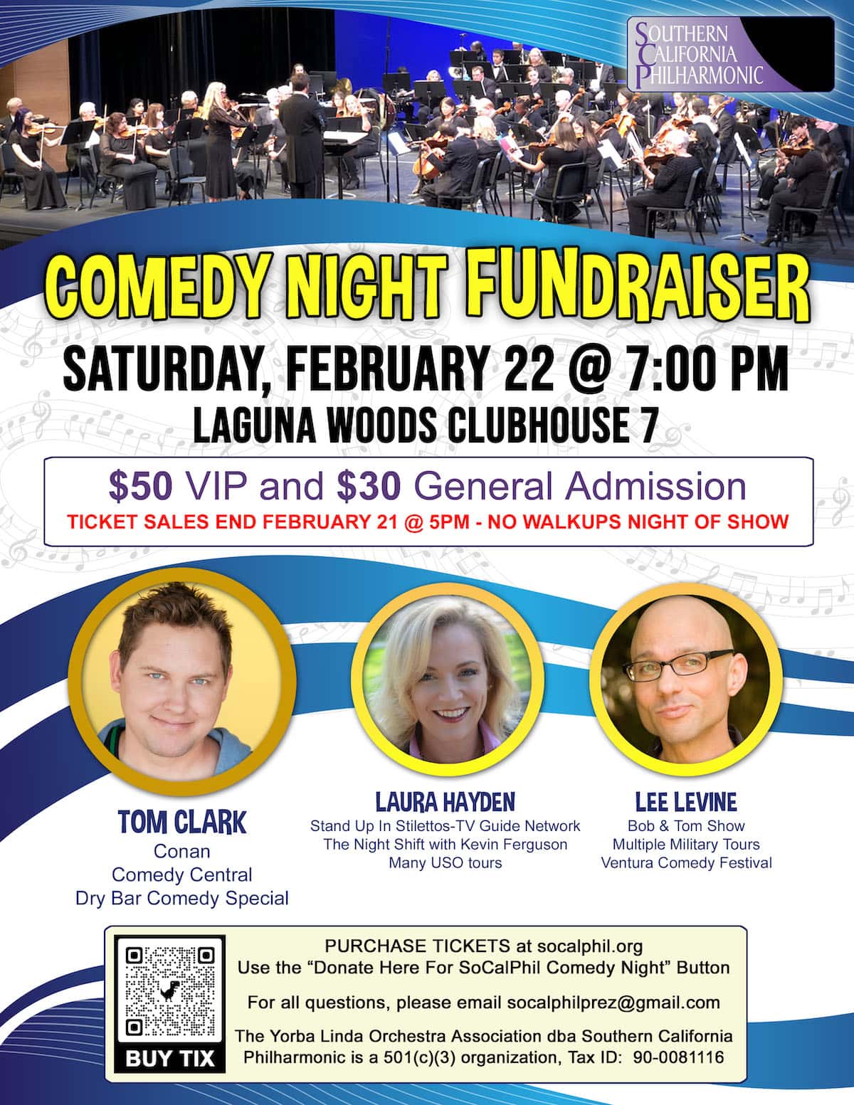 Comedy Night Fundraiser poster for February 22nd at 7:00 PM in Laguna Woods Clubhouse 7, featuring Tom Clark, Laura Hayden, and Lee Levine. Tickets $50 VIP, $30 General Admission.